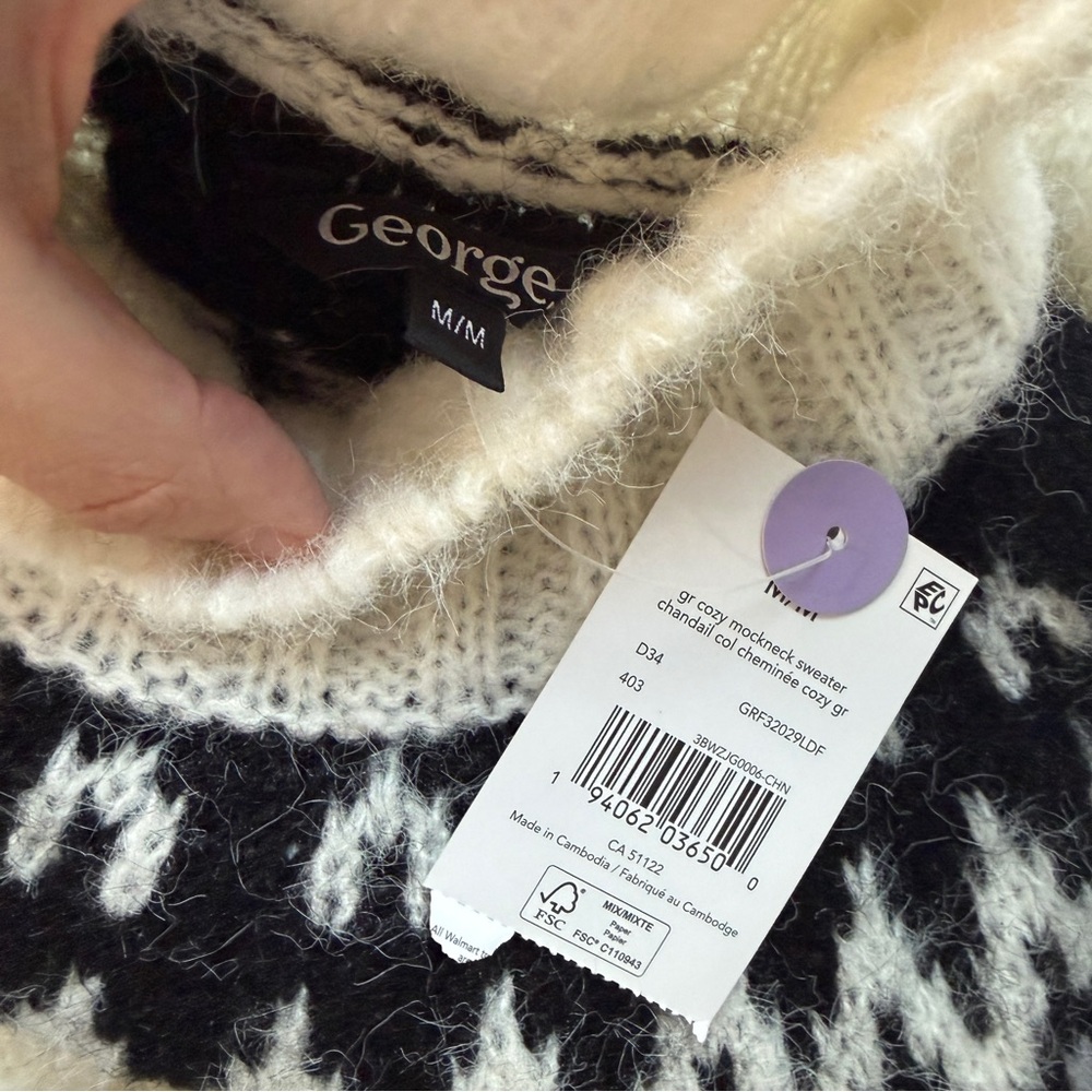 George Womens Nordic Fair Isle Mock Turtleneck Sweater Size M White Soft Stretch - Picture 2 of 7